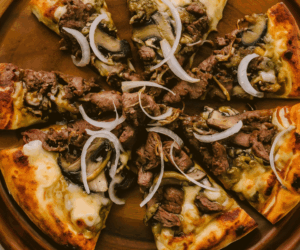 Steak and mushroom pizza recipe in Dallas, TX and Chicago, IL.